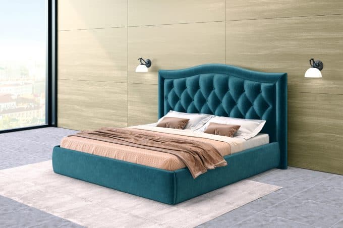 Pigi lova Venecija su patalynės dėže ir smaragdinės spalvos barchatiniu audiniu