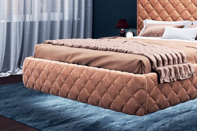 Pigi lova Prestiž su kojelėmis, patalynės dėže ir smėlinės spalvos barchatiniu audiniu