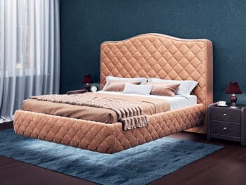 Pigi lova Prestiž su kojelėmis, patalynės dėže ir smėlinės spalvos barchatiniu audiniu